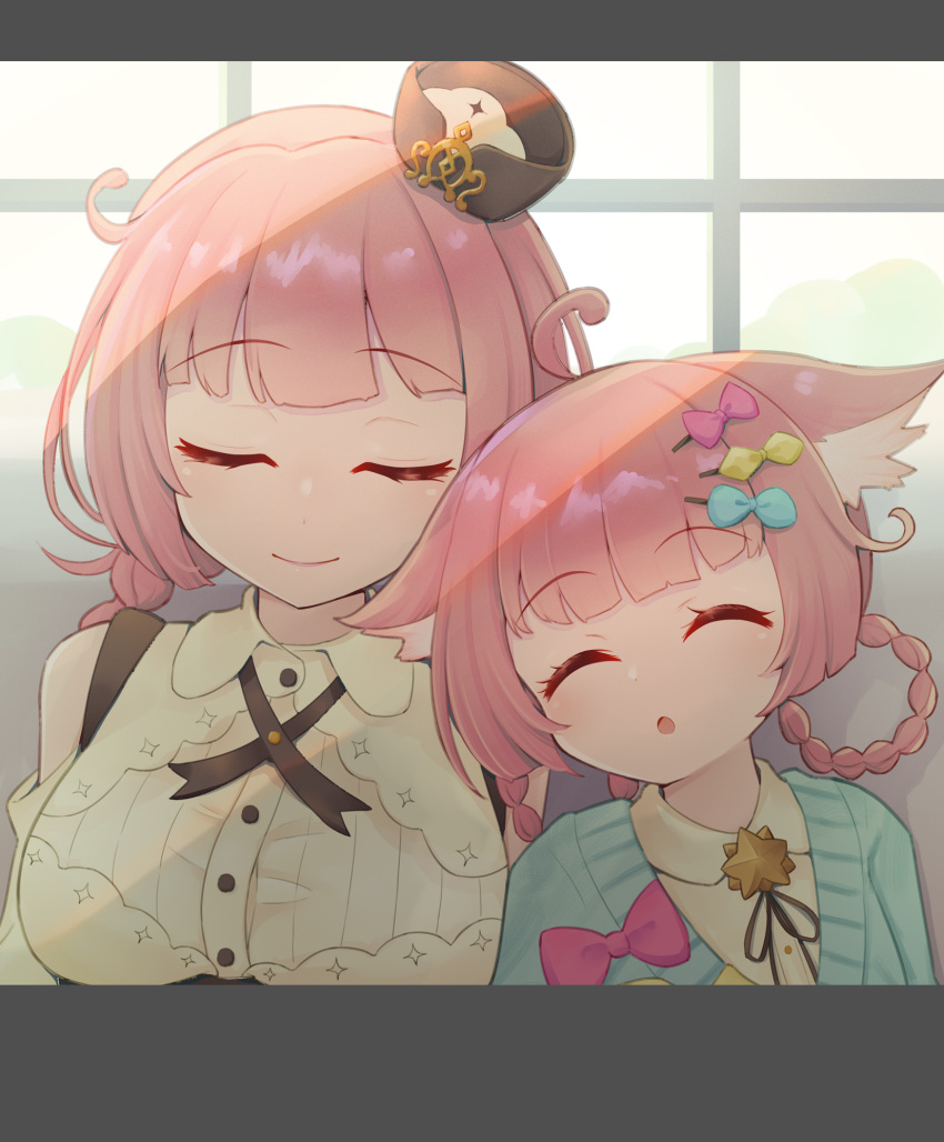 2girls, :o, ^_^, ahoge, animal_ears, blunt_bangs, braid, braided_hair_rings
