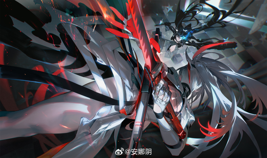 2girls, absurdres, alpha_(pgr), arm_cannon, black_coat, black_hair, black_rock_shooter, black_rock_shooter_(character)