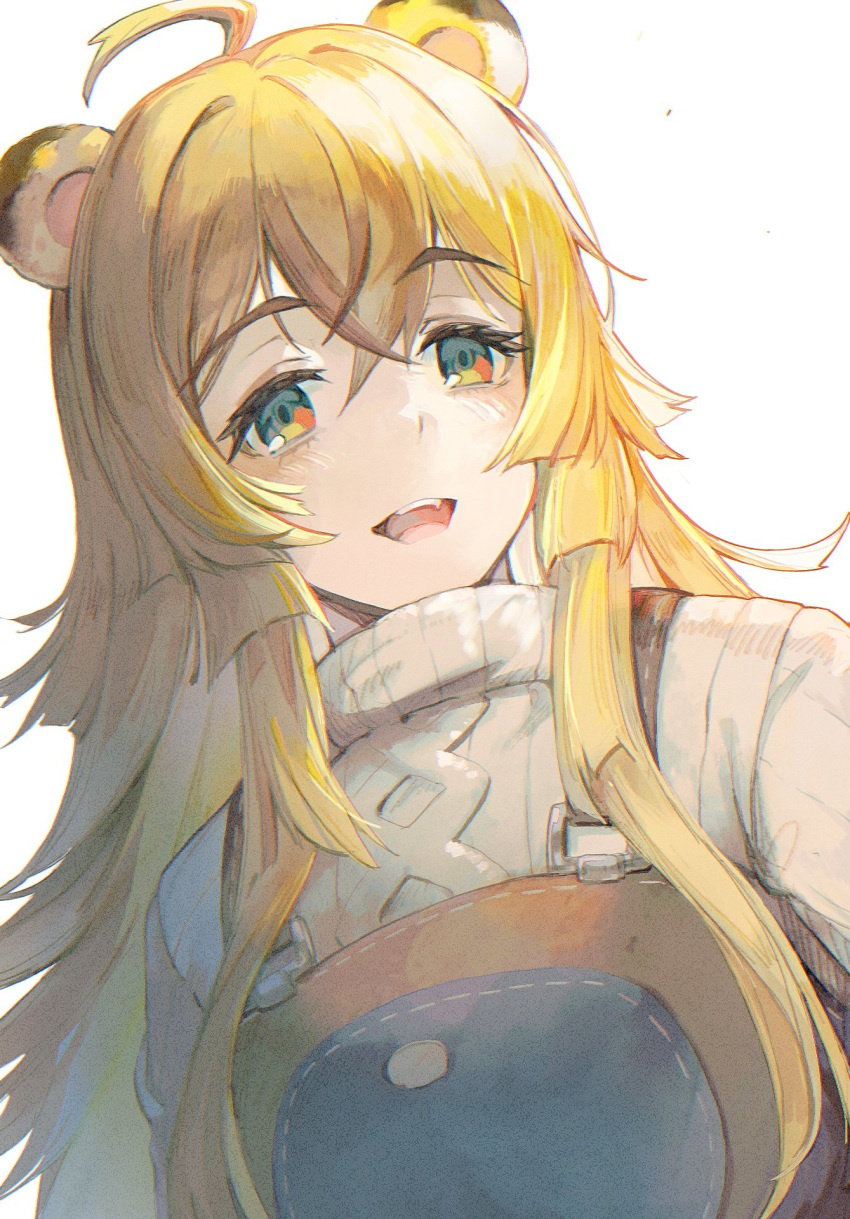 1girl, :d, ahoge, animal_ears, blonde_hair, commentary_request, crossed_bangs, double-parted_bangs