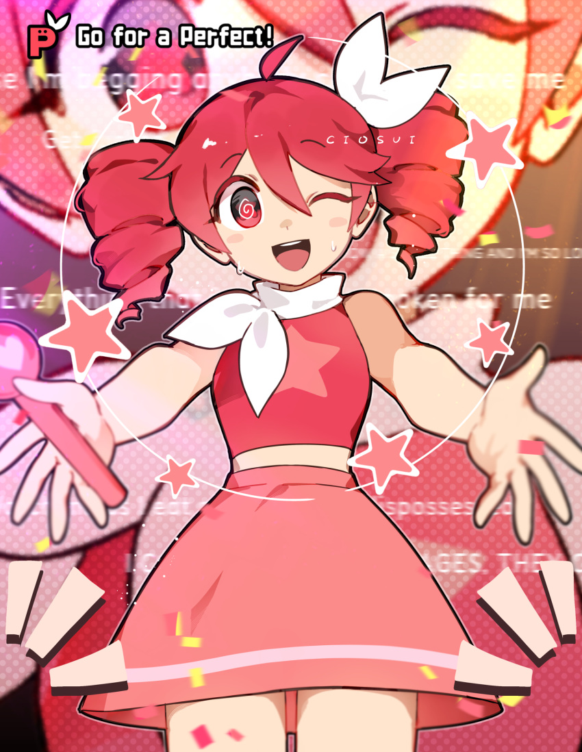 1girl, :d, @_@, ahoge, bare_shoulders, cio_(ciosui), confetti, cowboy_shot