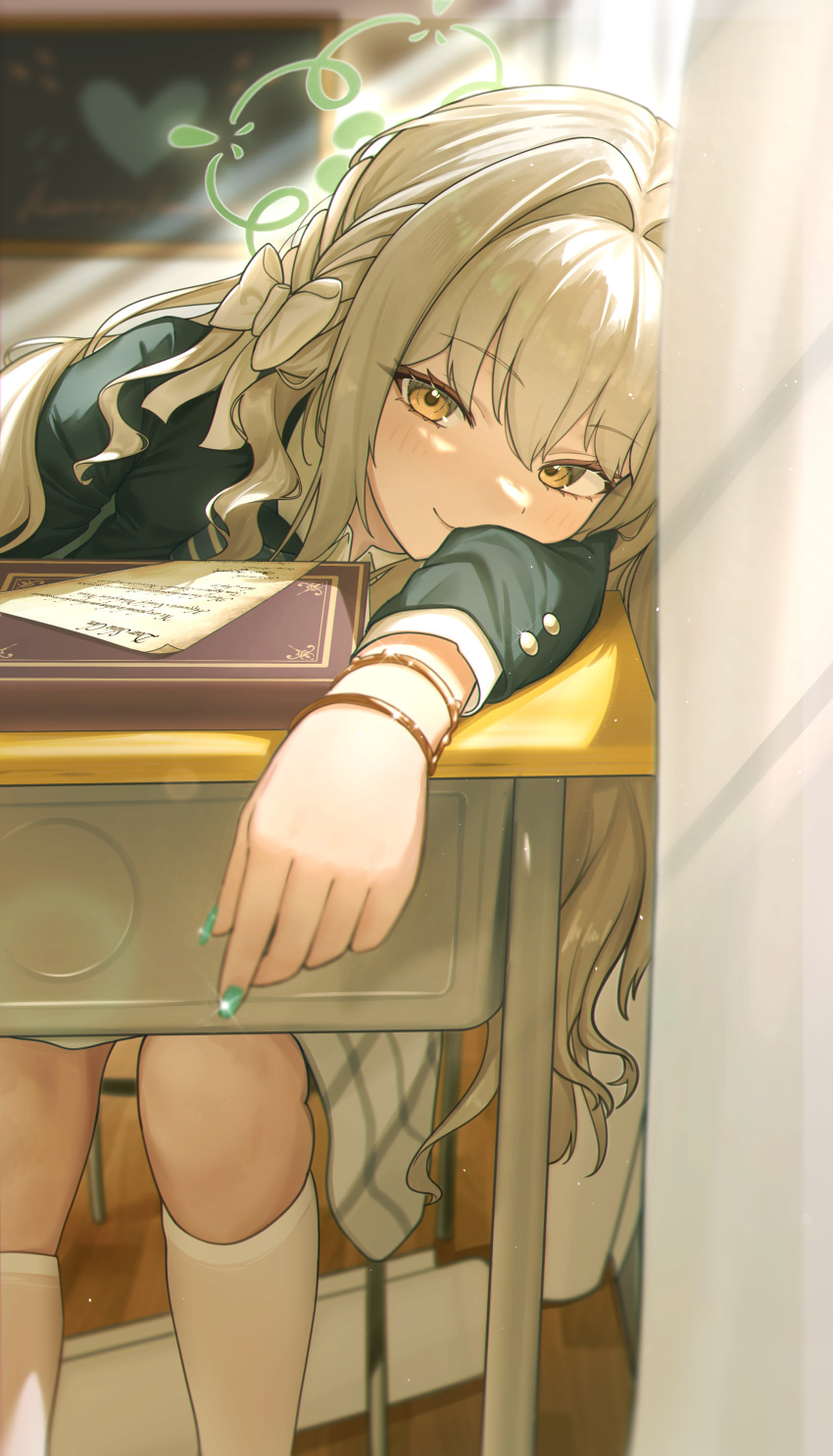 1girl, absurdres, blue_archive, desk, green_nails, highres, kamory, kneehighs