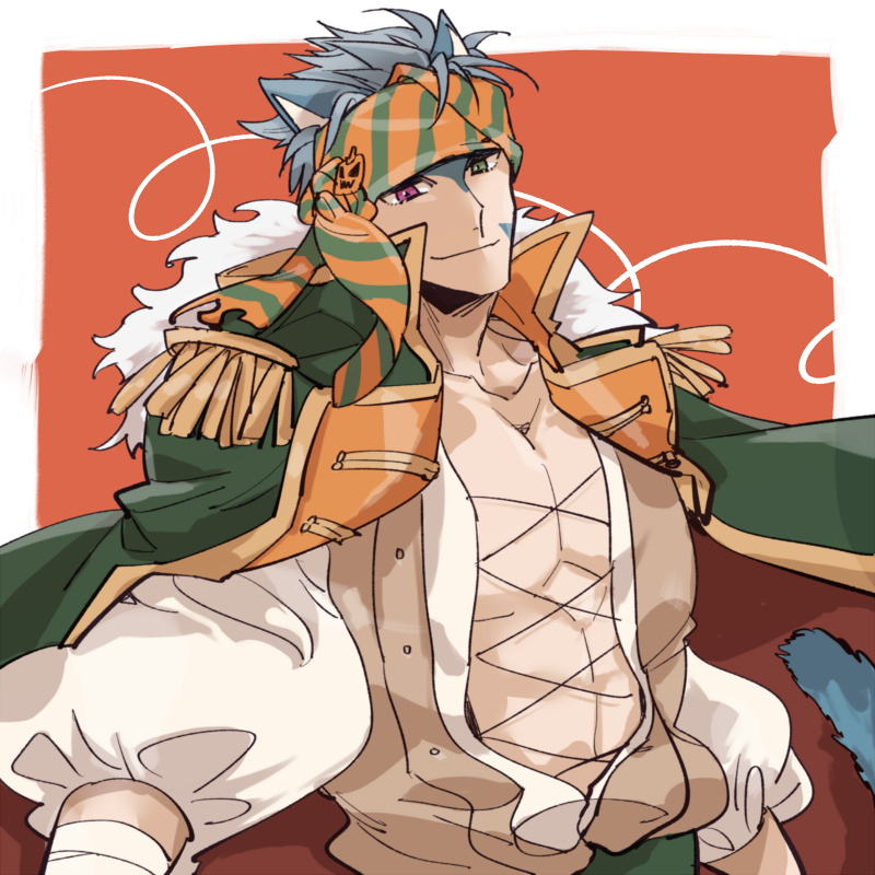1boy, animal_ears, bandana, blue_hair, cat_boy, cat_ears, coat, coat_on_shoulders, commentary_request, cross-laced_clothes, cross-laced_top, epaulettes, fire_emblem, fire_emblem:_radiant_dawn, fire_emblem_heroes, green_eyes, heterochromia, kanou_(fuffu_n), male_focus, official_alternate_costume, pirate_costume, ranulf_(considerate_gaze)_(fire_emblem), ranulf_(fire_emblem), short_hair, solo, tail, violet_eyes