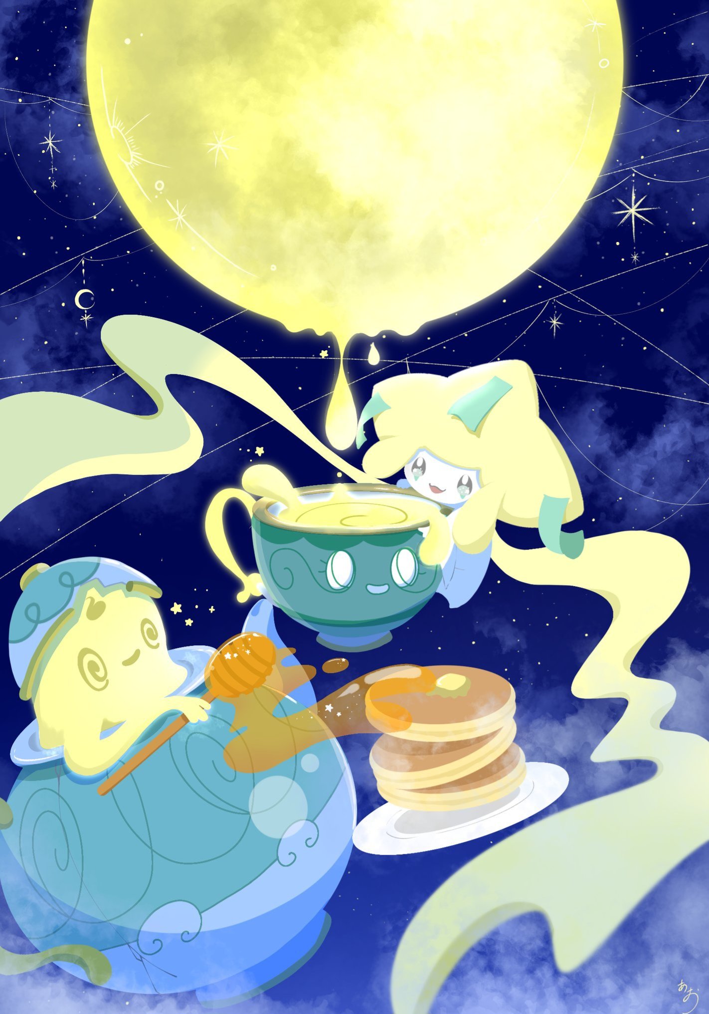 @_@, alternate_color, alternate_shiny_pokemon, colored_skin, cup, food, full_moon, highres, honey, honey_dipper, jirachi, moon, natu_a0z0ra, night, night_sky, no_humans, open_mouth, pancake, pancake_stack, plate, pokemon, pokemon_(creature), pokemon_focus, polteageist, sinistea, sky, smile, tanzaku, tea, teacup, teapot, white_skin