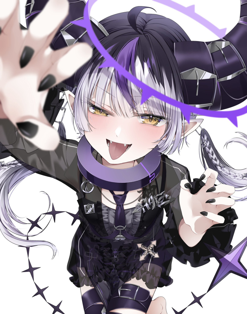 1girl, ahoge, black_collar, black_dress, black_hair, black_horns, black_jacket, black_nails, blunt_sidelocks, blurry, braid, collar, commentary_request, demon_girl, demon_horns, depth_of_field, detached_hair, dress, fangs, from_above, grey_hair, half-closed_eye, halo, highres, hololive, horn_belt, horns, jacket, kochitora_9, la+_darknesss, la+_darknesss_(5th_costume), leg_belt, long_hair, looking_at_viewer, low_twin_braids, metal_collar, multicolored_hair, nail_polish, necktie, official_alternate_costume, official_alternate_hair_color, official_alternate_hairstyle, pelvic_curtain, pointy_ears, purple_hair, purple_halo, purple_necktie, see-through_clothes, see-through_jacket, sidelocks, smile, smug, solo, streaked_hair, thigh_strap, tongue, tongue_out, twin_braids, twintails, virtual_youtuber, white_background, yellow_eyes