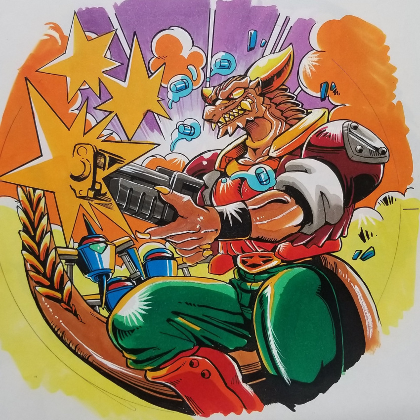 1boy, belt, boots, bullet, casing_ejection, colored_sclera, commentary_request, crime_crackers