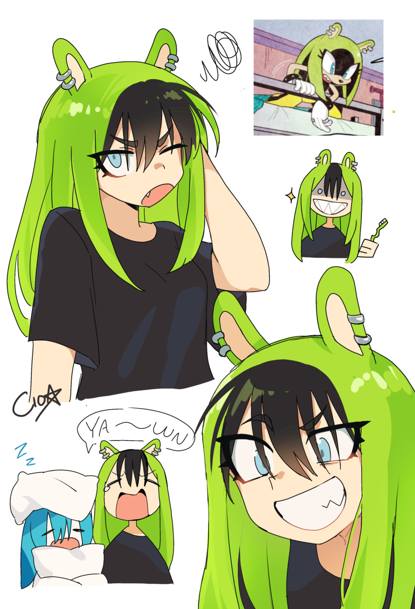 1boy, 1girl, animal_ear_piercing, animal_ears, arm_behind_head, arm_up, black_hair, black_shirt