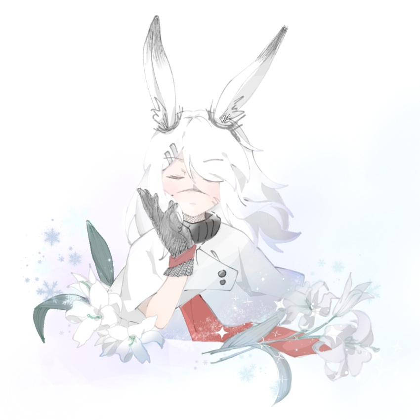 1girl, animal_ears, arknights, black_gloves, chinese_commentary, closed_eyes, closed_mouth, commentary_request, cropped_torso, facing_viewer, flower, frostnova_(arknights), gloves, hand_up, hatching_(texture), jacket, linear_hatching, lu_xuan_xiang_chi_zha_ji, medium_hair, necktie, orange_necktie, scar, scar_on_cheek, scar_on_face, scar_on_nose, simple_background, solo, sparkle, sparkling_aura, white_background, white_flower, white_hair, white_jacket