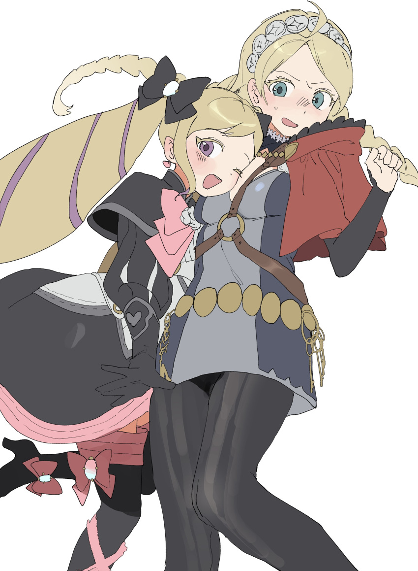 2girls, absurdres, ahoge, aziemblemfates, black_dress, blonde_hair, blue_eyes, bow, braid, breast_press, breasts, capelet, dress, drill_hair, elise_(fire_emblem), fire_emblem, fire_emblem_fates, hair_bow, hairband, harness, highres, hood, hooded_capelet, keyring, long_hair, looking_at_another, looking_at_viewer, low_twin_braids, low_twintails, medium_breasts, mother_and_daughter, multiple_girls, nina_(fire_emblem), o-ring, o-ring_harness, open_mouth, pantyhose, parted_bangs, purple_hair, red_hood, striped_clothes, striped_pantyhose, twin_braids, twin_drills, twintails, violet_eyes, white_hair