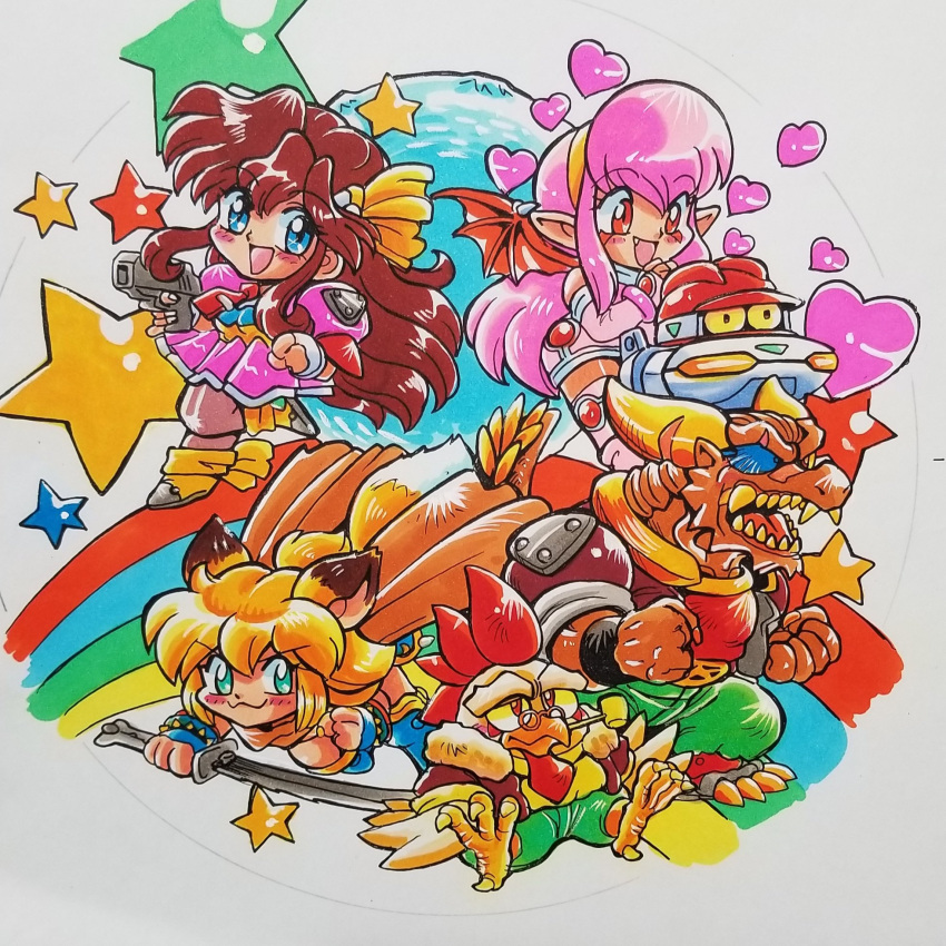 2boys, 3girls, animal_ears, bat_wings, bird_boy, black_eyes, blue_boots, blue_eyes, blue_gloves, boots, brown_cape, brown_hair, cape, chibi, chibi_only, chicken_boy, closed_mouth, colored_sclera, commentary_request, crime_crackers, dragmn, dragon_boy, dragon_horns, dress, emilia_f._alkanet, eyepatch, facial_mark, fang, fingerless_gloves, fox_ears, fox_girl, fox_tail, furry, furry_male, gloves, green_pants, gun, hair_ornament, hairband, handgun, heart, highres, holding, holding_gun, holding_sword, holding_weapon, horns, jacket, kokomahi, leaza_(crime_crackers), long_hair, moon, multiple_boys, multiple_girls, necktie, non-humanoid_robot, open_clothes, open_jacket, open_mouth, pants, pantyhose, parrot_(crime_crackers), pink_dress, pink_gloves, pink_hair, pink_jacket, pink_skirt, pleated_skirt, pointy_ears, popuri_vampu, rainbow, red_eyes, red_jacket, red_necktie, red_shirt, red_wings, robot, sharp_teeth, shirt, sitting, skirt, smile, smoking_pipe, standing, star_(symbol), sword, tail, teeth, traditional_media, weapon, white_gloves, wings, wristband, yellow_boots, yellow_hairband, yellow_sclera, yellow_shirt