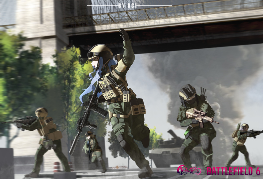 5girls, absurdres, aiming, alternate_costume, ammunition_pouch, arm_up, assault_rifle, ave_mujica_(bang_dream!)