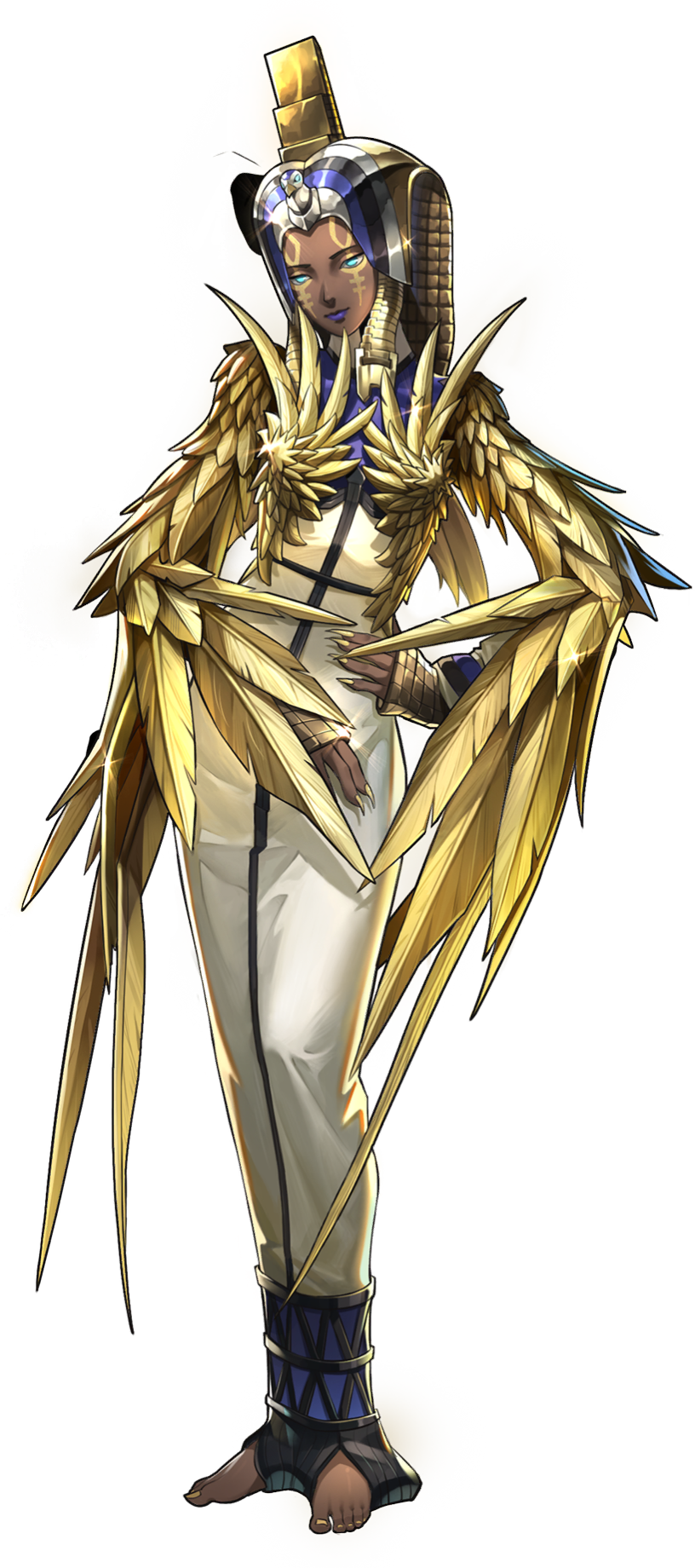 1girl, ancient_egyptian_clothes, aqua_eyes, artist_request, demon_(megami_tensei), golden_feathers, hand_on_own_hip, highres