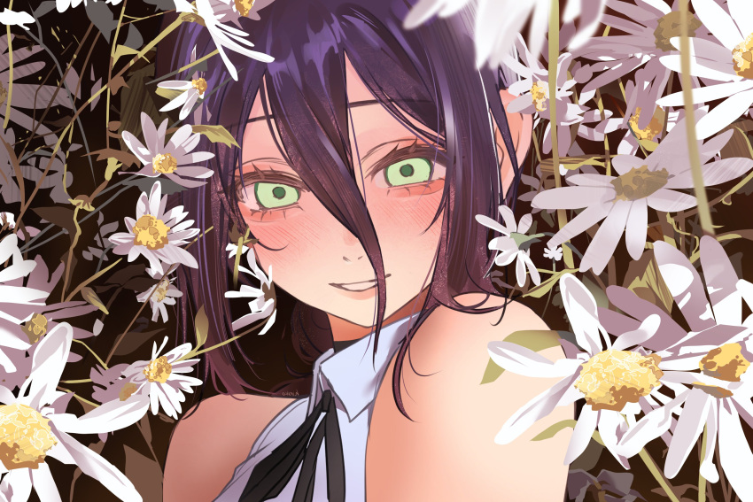1girl, black_choker, black_ribbon, chainsaw_man, choker, flower, green_eyes, hair_between_eyes