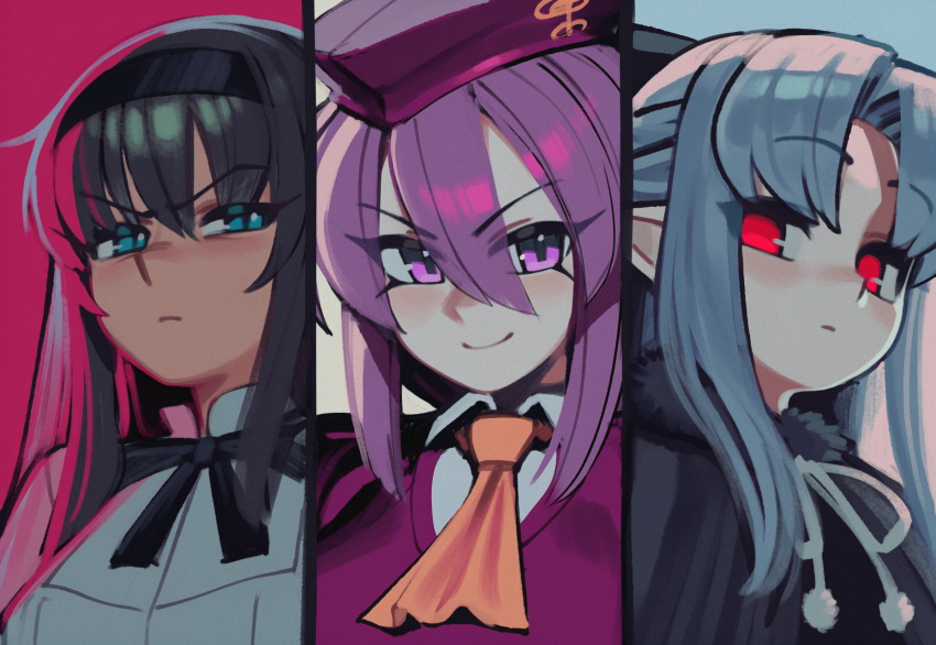 3girls, angry, black_bow, black_dress, black_hair, blonde_hair, blue_eyes, blue_hair