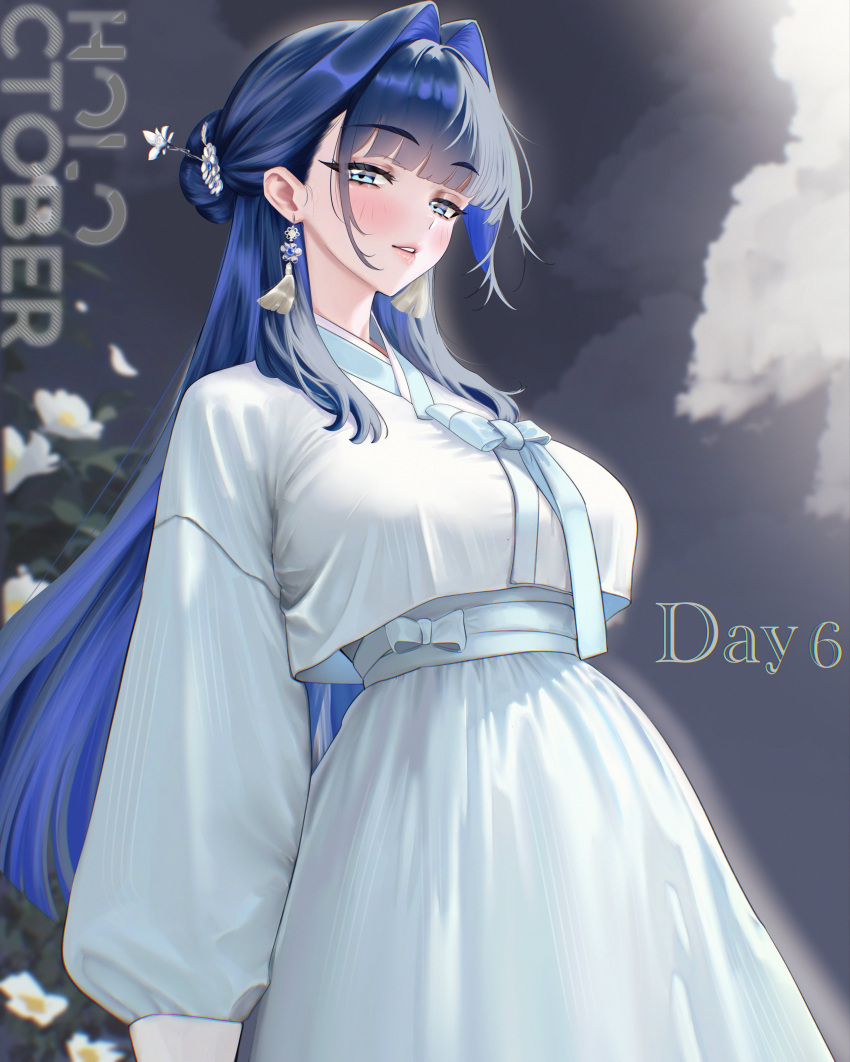 1girl, absurdres, alternate_costume, black_hair, blue_eyes, blue_hair, breasts, clouds, colored_inner_hair, commentary, earrings, english_commentary, fanged_bangs, hair_bun, half_up_bun, hanbok, highres, hololive, hololive_english, itszenvy, jewelry, korean_clothes, large_breasts, long_hair, long_skirt, long_sleeves, looking_at_viewer, multicolored_hair, ouro_kronii, outdoors, parted_lips, puffy_long_sleeves, puffy_sleeves, shirt, sidelocks, single_hair_bun, skirt, solo, very_long_hair, virtual_youtuber, white_hanbok, white_shirt, white_skirt