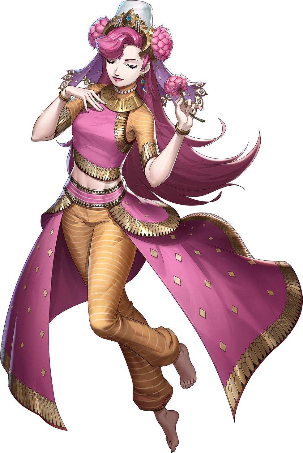 1girl, artist_request, barefoot, bracelet, closed_eyes, closed_mouth, demon_(megami_tensei), earrings, facial_mark, flower, forehead_mark, hair_flower, hair_ornament, highres, holding, holding_flower, indian_clothes, jewelry, midriff, necklace, official_art, parvati_(megami_tensei), pearl_necklace, persona, persona_5, persona_5:_the_phantom_x, pink_flower, pink_hair, shin_megami_tensei, solo, third-party_source, transparent_background