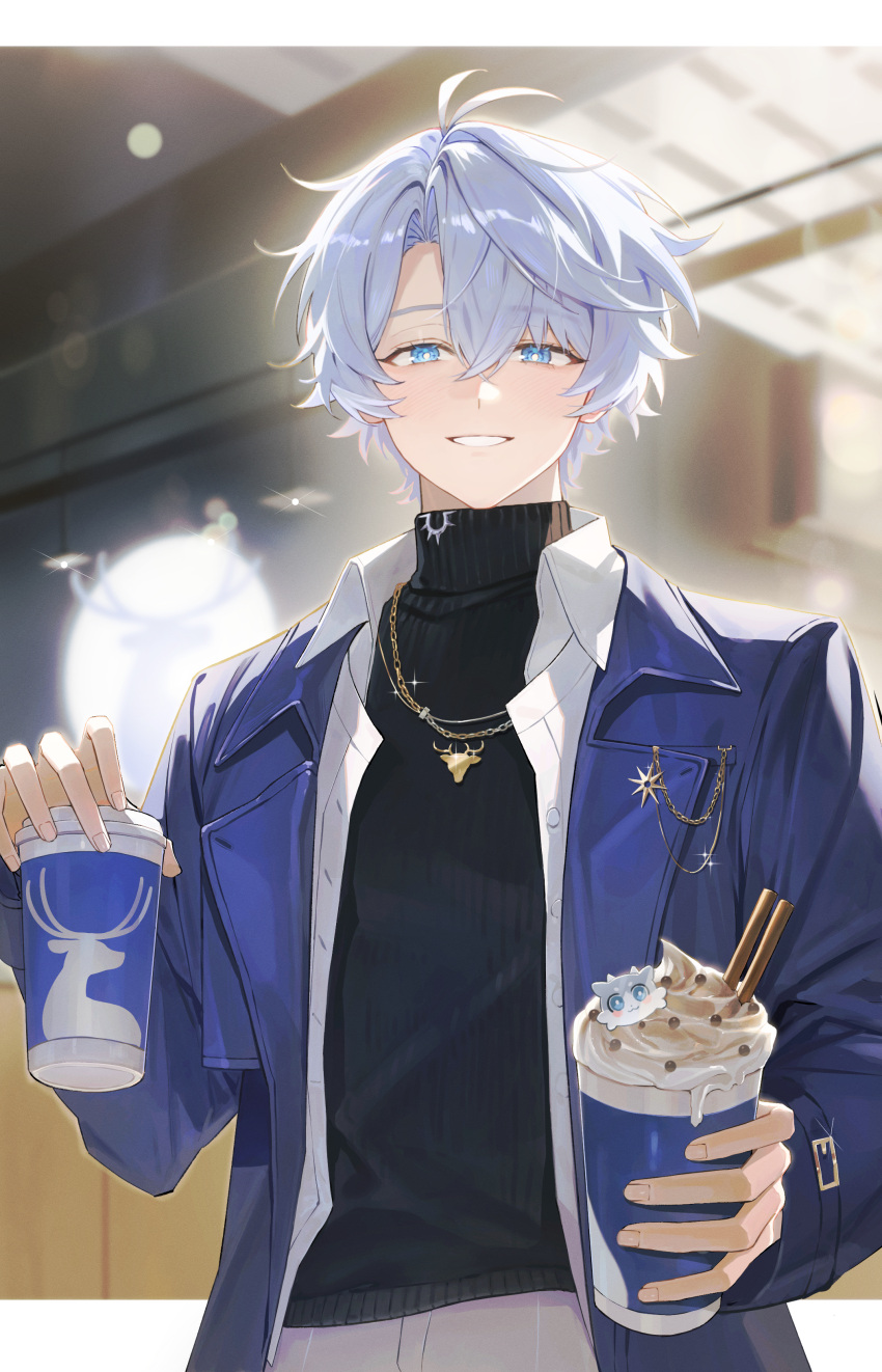 1boy, absurdres, antenna_hair, black_sweater, blue_coat, blue_eyes, blurry, blurry_background, bon_(bony_53), coat, cup, disposable_coffee_cup, disposable_cup, grey_hair, hair_between_eyes, highres, holding, holding_cup, honkai:_star_rail, honkai_(series), long_sleeves, looking_at_viewer, male_focus, official_alternate_costume, open_clothes, open_coat, open_shirt, parted_lips, phainon_(honkai:_star_rail), phainon_(luckin_coffee)_(honkai:_star_rail), shirt, short_hair, smile, solo, sweater, turtleneck, turtleneck_sweater, upper_body, white_shirt, yellow_pupils