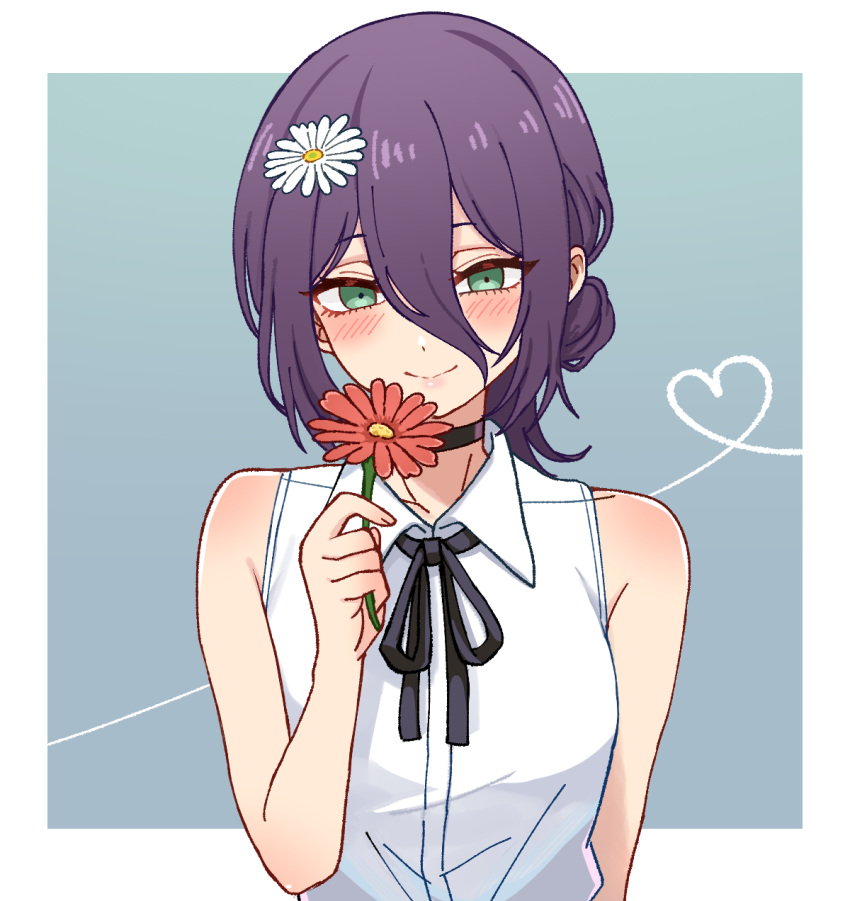 1girl, black_choker, black_ribbon, chainsaw_man, choker, closed_mouth, collared_shirt, commentary, flower, green_eyes, hair_between_eyes, hair_flower, hair_ornament, highres, holding, holding_flower, hooco_tora, looking_at_viewer, neck_ribbon, purple_hair, red_flower, reze_(chainsaw_man), ribbon, shirt, sleeveless, sleeveless_shirt, smile, solo, white_shirt