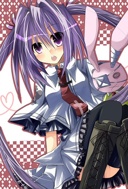 boots, mameguri, necktie, open_mouth, purple_eyes, purple_hair, school_uniform, solo