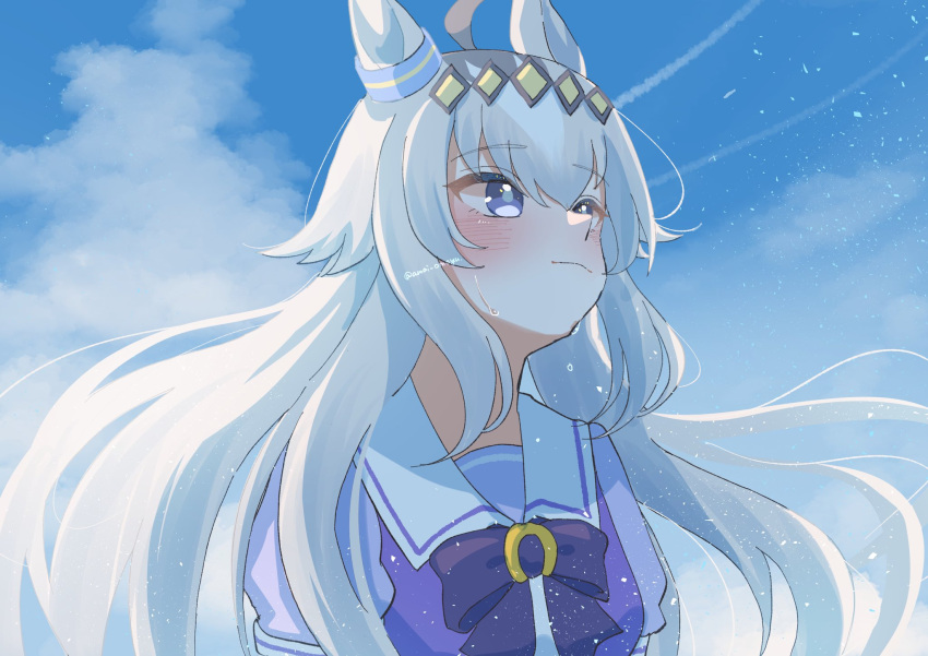 1girl, ahoge, amai_omoyu, animal_ears, blue_eyes, blue_sky, blush, bow, closed_mouth, clouds, crying, ear_ornament, grey_hair, hair_between_eyes, hair_ornament, hairband, highres, horse_ears, horse_girl, long_hair, multicolored_hair, oguri_cap_(umamusume), puffy_short_sleeves, puffy_sleeves, purple_bow, purple_shirt, sailor_collar, sailor_shirt, school_uniform, shirt, short_sleeves, sky, solo, tears, tracen_school_uniform, umamusume, upper_body, white_sailor_collar