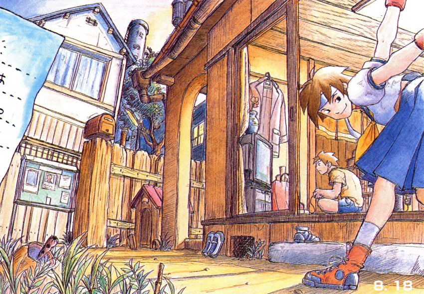 1boy, 1girl, blue_sailor_collar, blue_skirt, capcom, concept_art, dated, grass