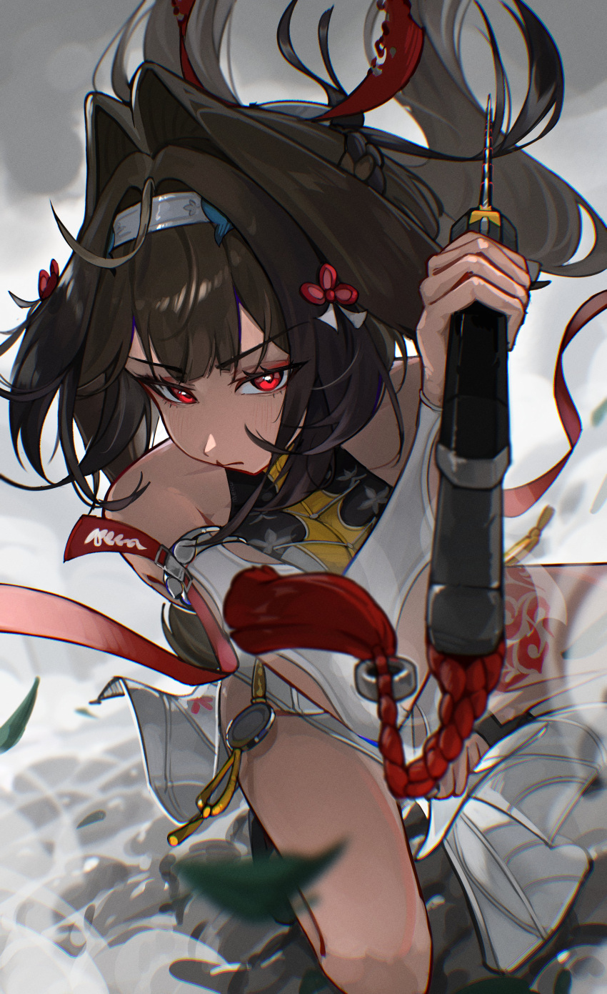1girl, absurdres, bare_shoulders, breasts, brown_hair, floating_hair, foreshortening, hair_ornament