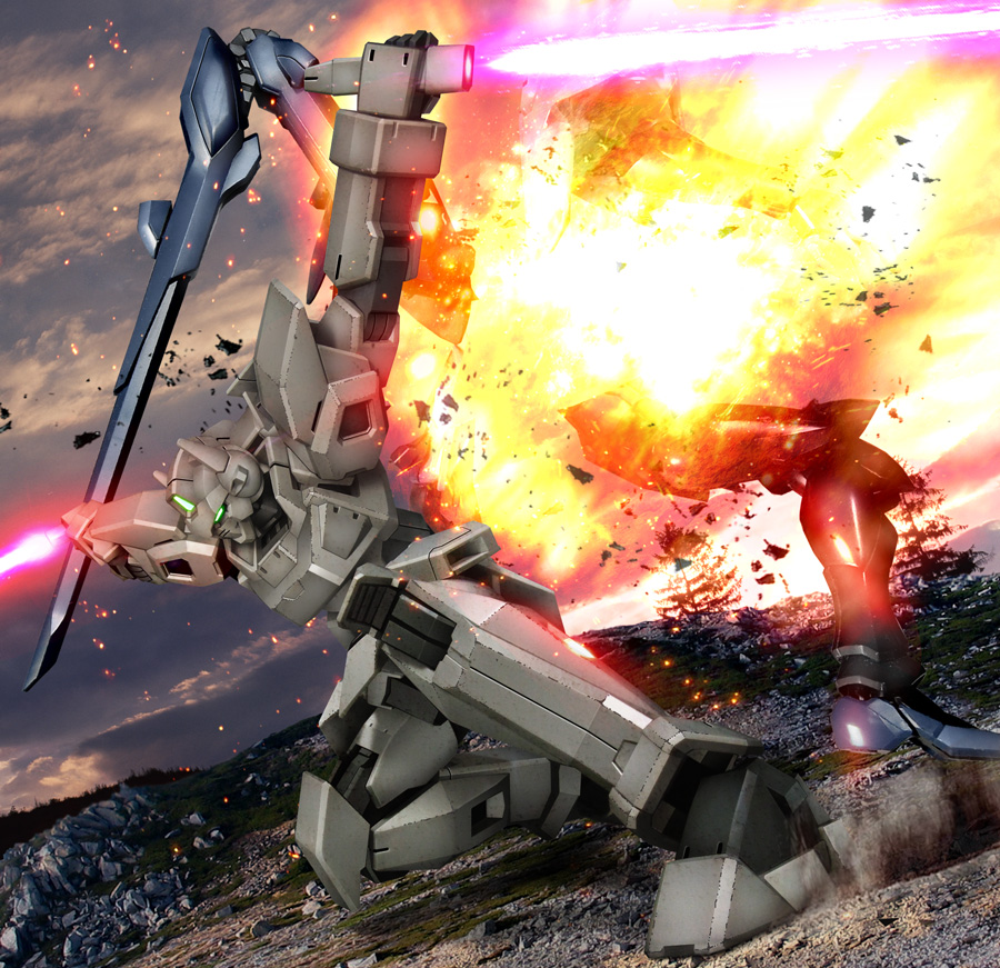 battle, dual_wielding, energy_sword, expressionless, g-exes, gafran, green_eyes, gundam