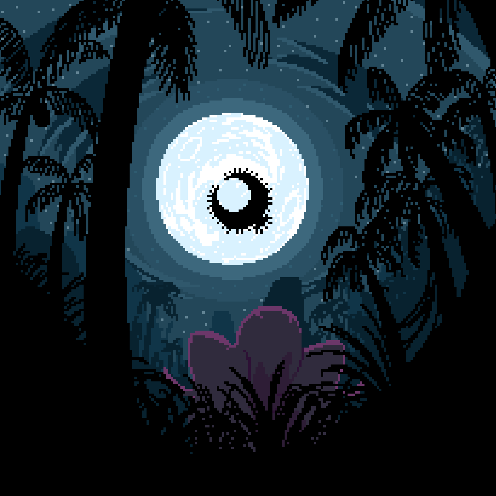 commentary_request, full_moon, grass, highres, mizu_pones, moon, night, night_sky, no_humans, outdoors, pixel_art, pokemon, pokemon_(creature), roaring_moon, scenery, scream_tail, silhouette, sky, star_(sky), starry_sky, tree