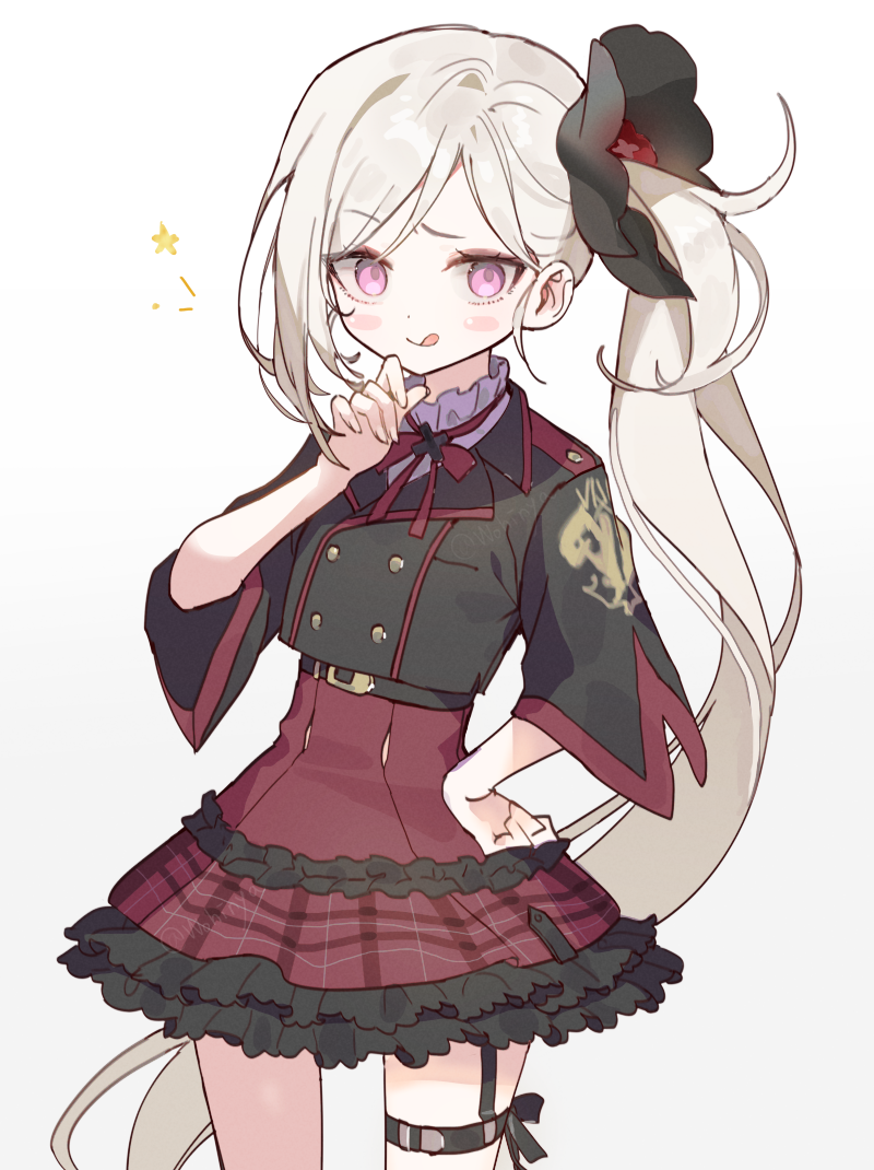 1girl, :q, blue_archive, blush_stickers, commentary, cowboy_shot, frilled_shirt_collar, frills