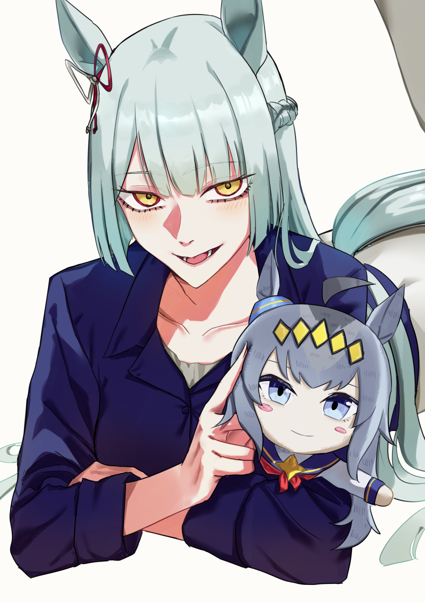 1girl, absurdres, ahoge, animal_ears, aqua_hair, blue_eyes, blue_shirt, blunt_sidelocks, blush, braid, character_doll, collared_shirt, commentary, crown_braid, doll, ear_ribbon, fujimasa_march_(umamusume), grey_hair, highres, holding, holding_doll, holding_stuffed_toy, horse_ears, horse_girl, horse_tail, kudo_udon, long_hair, long_sleeves, looking_at_viewer, oguri_cap_(umamusume), open_mouth, sailor_collar, sailor_shirt, shirt, sidelocks, smile, solo, stuffed_toy, tail, tsurime, umamusume, umamusume:_cinderella_gray, yellow_eyes