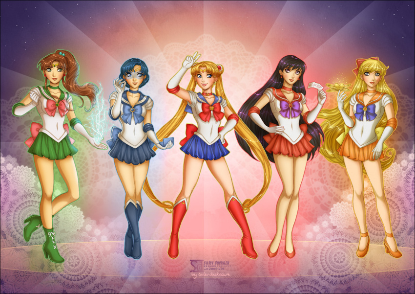5girls, aino_minako, arm_up, asymmetrical_bangs, back_bow, bare_legs, bishoujo_senshi_sailor_moon, black_hair, blonde_hair, blue_choker, blue_eyes, blue_hair, blue_sailor_collar, blue_skirt, boots, bow, brown_hair, brown_lips, choker, clenched_hand, closed_mouth, collarbone, covered_navel, daekazu, double_bun, earrings, elbow_gloves, full_body, gloves, green_choker, green_eyes, green_sailor_collar, green_skirt, hair_between_eyes, hair_bow, hair_bun, hair_ornament, hand_up, high_ponytail, hino_rei, holding, holding_ofuda, jewelry, kino_makoto, lineup, lips, lipstick, long_hair, looking_at_viewer, magical_girl, makeup, miniskirt, mizuno_ami, multiple_girls, naughty_face, neck, necklace, non-web_source, ofuda, orange_choker, orange_sailor_collar, orange_skirt, parted_bangs, pink_lips, pleated_skirt, ponytail, red_boots, red_bow, red_choker, red_lips, red_sailor_collar, red_skirt, sailor_collar, sailor_jupiter, sailor_mars, sailor_mercury, sailor_moon, sailor_senshi_uniform, sailor_venus, short_hair, skirt, smile, standing, straight_hair, tiara, tsukino_usagi, twintails, v, very_long_hair, violet_eyes, white_gloves