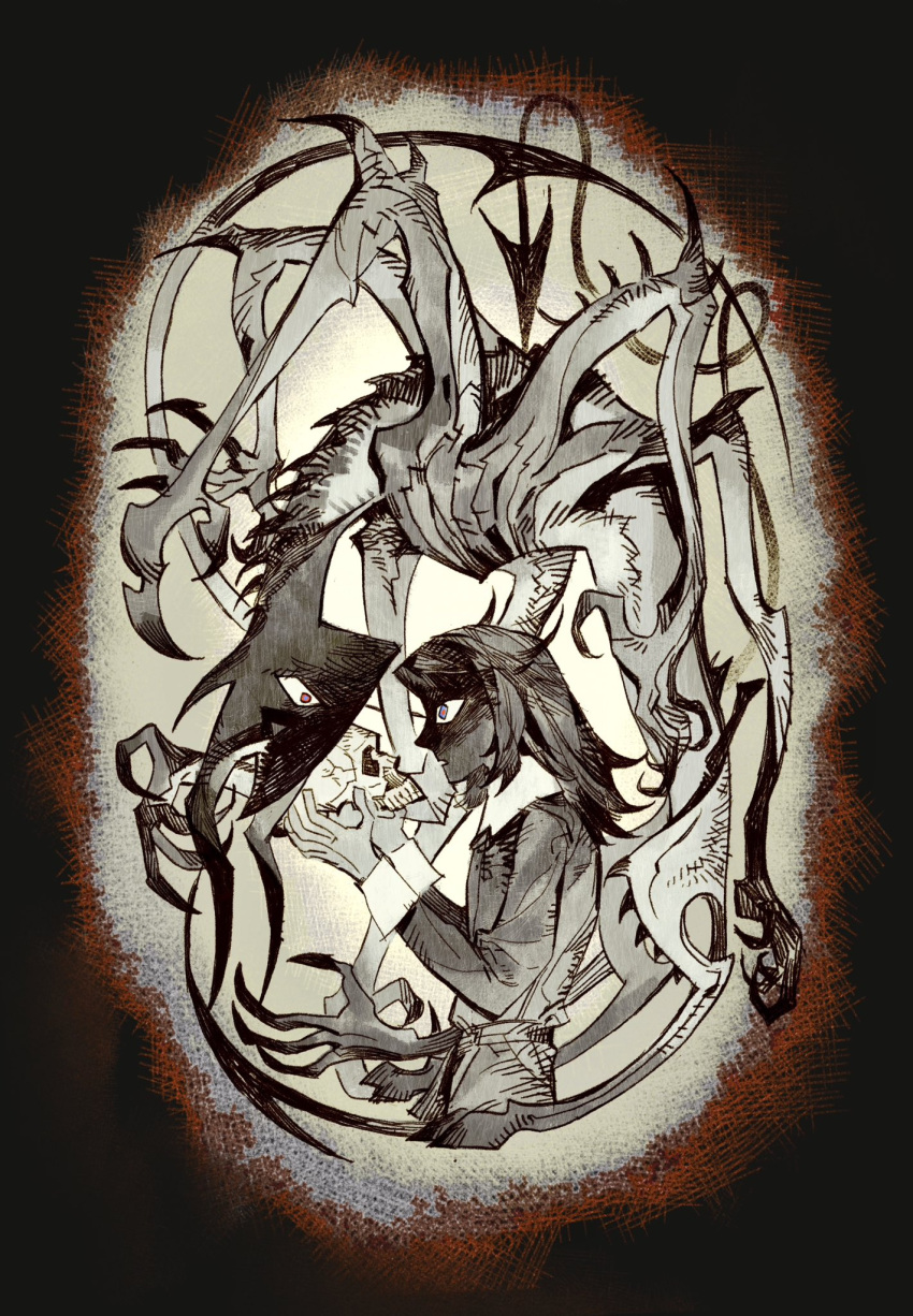 2boys, abaddon_(demon)_(haunted_hotel), abaddon_(haunted_hotel), abaddon_(human)_(haunted_hotel), blue_eyes, demon, dual_persona, extra_arms