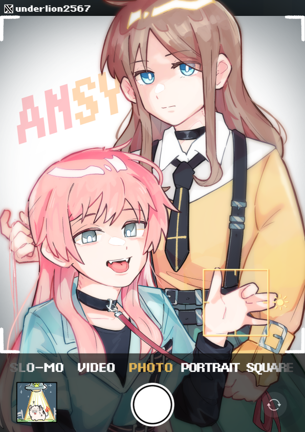 2girls, bang_dream!, bang_dream!_it's_mygo!!!!!, belt, black_belt, black_collar, black_necktie, blue_eyes, brown_hair, chihaya_anon, collar, commentary, fake_screenshot, grey_eyes, holding, holding_another's_hair, holding_leash, leash, long_hair, mitsuketa_keshiki_tazusaete, multiple_girls, nagasaki_soyo, necktie, open_mouth, pink_hair, ship_name, sidelocks, suspenders, sweater, symbol-only_commentary, underlion2567, yellow_sweater, yuri
