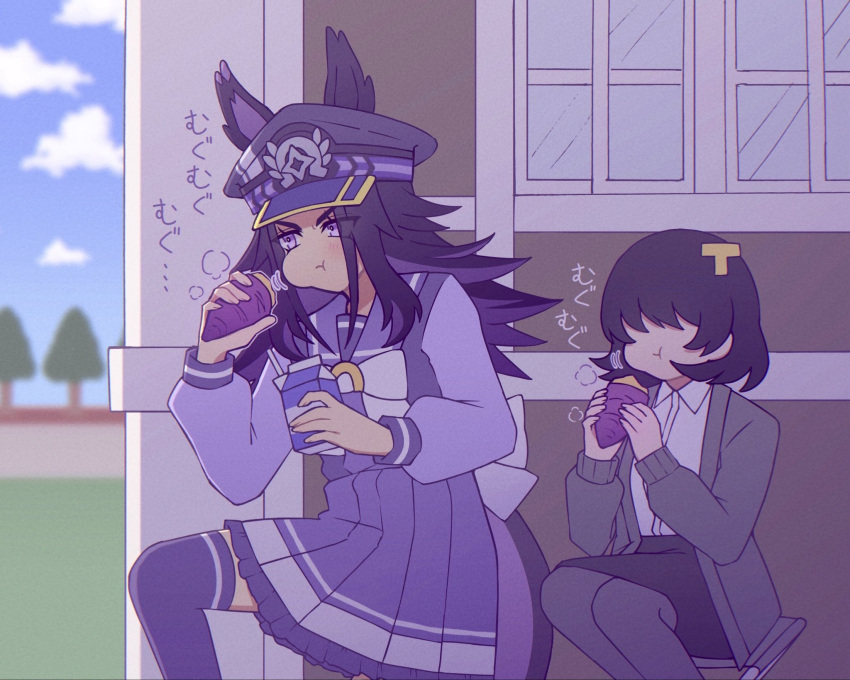 2girls, animal_ears, black_hair, black_pantyhose, black_skirt, blue_sky, blush, bow, bowtie, building, cheek_bulge, closed_mouth, clouds, collared_shirt, day, ears_through_headwear, eating, faceless, faceless_female, female_trainer_(umamusume), fenomeno_(umamusume), flipped_hair, food, hair_ornament, hat, highres, holding, holding_food, horse_ears, horse_girl, horse_tail, horseshoe_hat_ornament, horseshoe_ornament, jacket, letter_hair_ornament, long_hair, long_sleeves, milk_carton, multicolored_hair, multiple_girls, open_clothes, open_jacket, outdoors, pantyhose, peaked_cap, purple_hair, purple_sailor_collar, purple_serafuku, purple_shirt, purple_skirt, purple_thighhighs, roasted_sweet_potato, sailor_collar, sailor_shirt, school_uniform, serafuku, shade, shirt, short_hair, sitting, skirt, sky, striped_hat, sweet_potato, tail, thigh-highs, tracen_school_uniform, trainer_(umamusume), tree, umamusume, violet_eyes, w3n6e, white_bow, white_bowtie, white_shirt