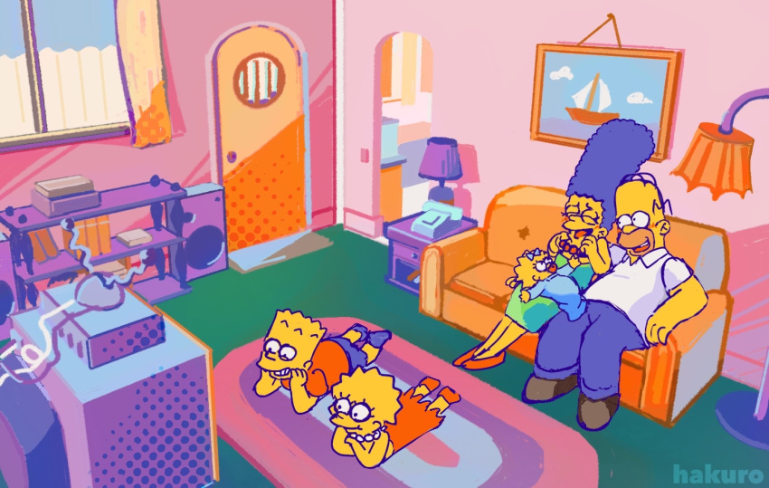 2boys, 3girls, baby, bart_simpson, blue_bow, blue_hair, blue_pants, blue_shorts, blush, bow, closed_eyes, collared_shirt, colored_skin, commentary, couch, dress, english_commentary, green_dress, hair_bow, hakuro1831847, homer_simpson, jewelry, lamp, lisa_simpson, lying, maggie_simpson, marge_simpson, multiple_boys, multiple_girls, necklace, on_stomach, open_mouth, orange_dress, orange_shirt, pants, phone, rug, shirt, shorts, television, the_simpsons, white_shirt, yellow_skin
