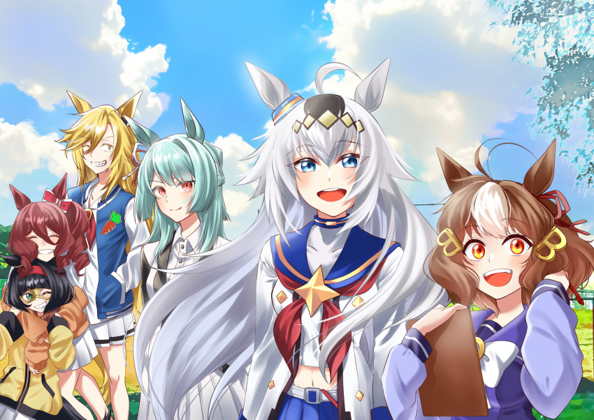 6+girls, absurdres, ahoge, animal_ears, belno_light_(umamusume), belt, black_hair, black_jacket