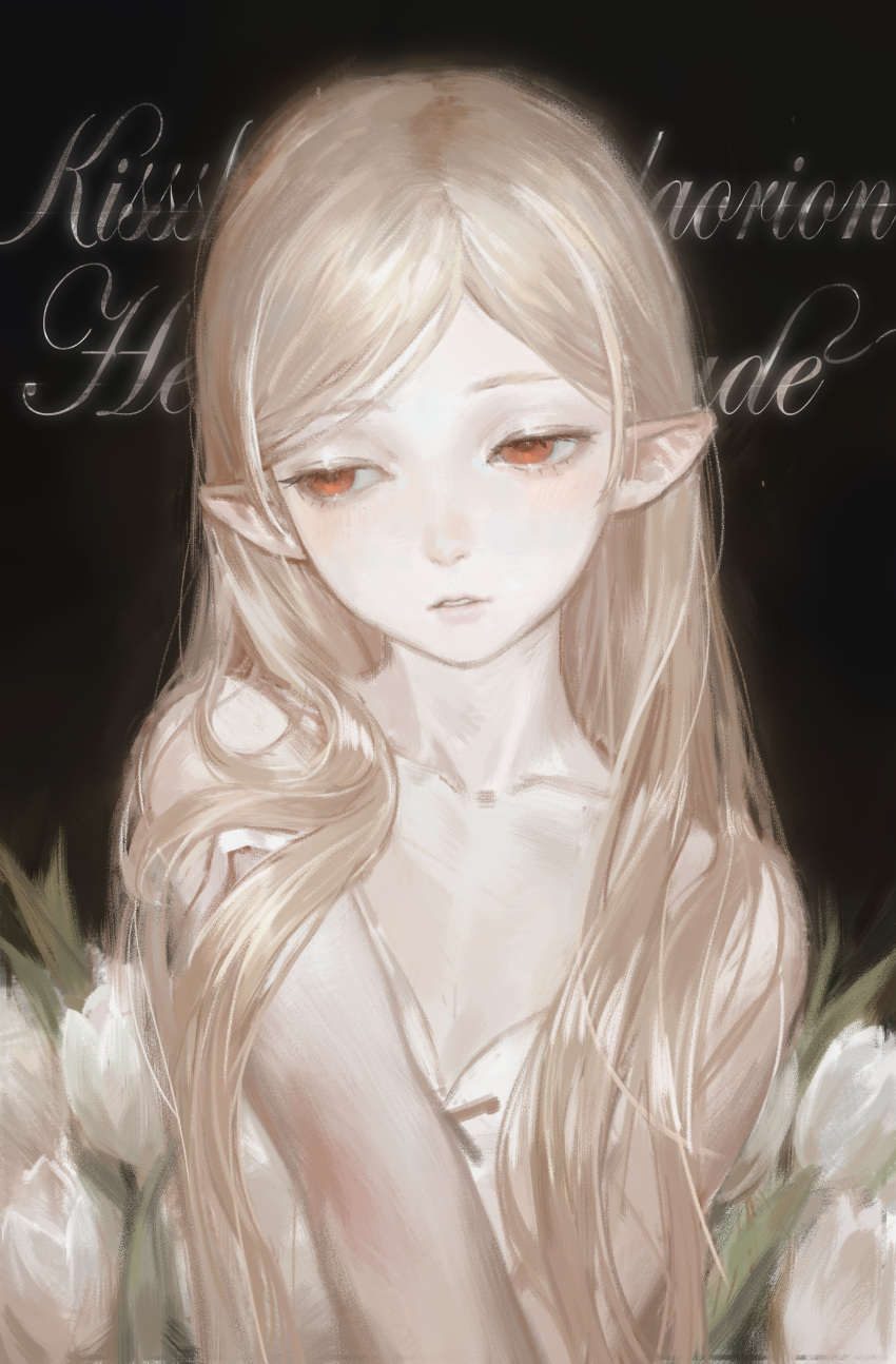 1girl, absurdres, bare_shoulders, black_background, blonde_hair, character_name, collarbone, crossed_arms