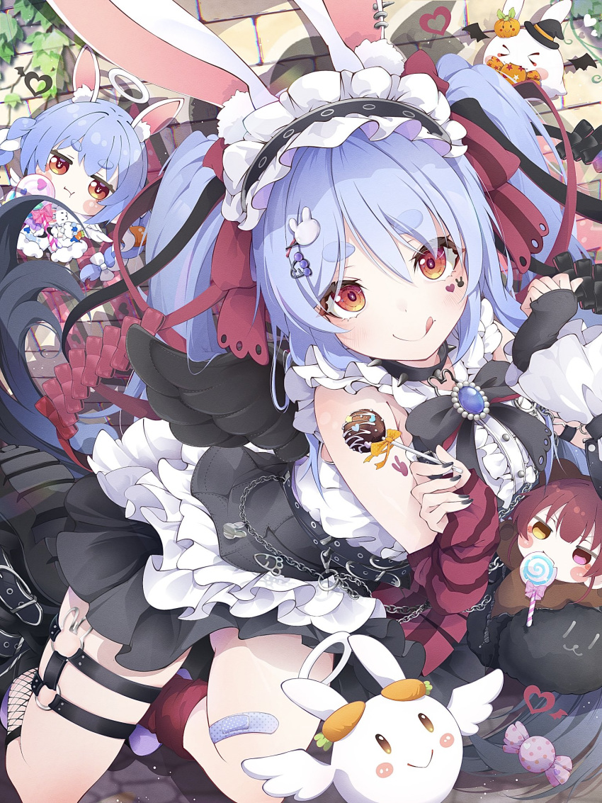 1girl, :q, animal_ears, asymmetrical_legwear, black_hair, black_skirt, black_wings, blue_bow