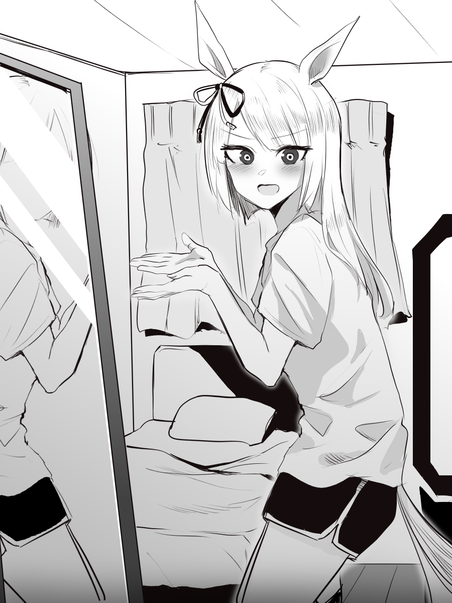 1girl, animal_ears, bed, bedroom, commentary, cowboy_shot, dolphin_shorts, from_side