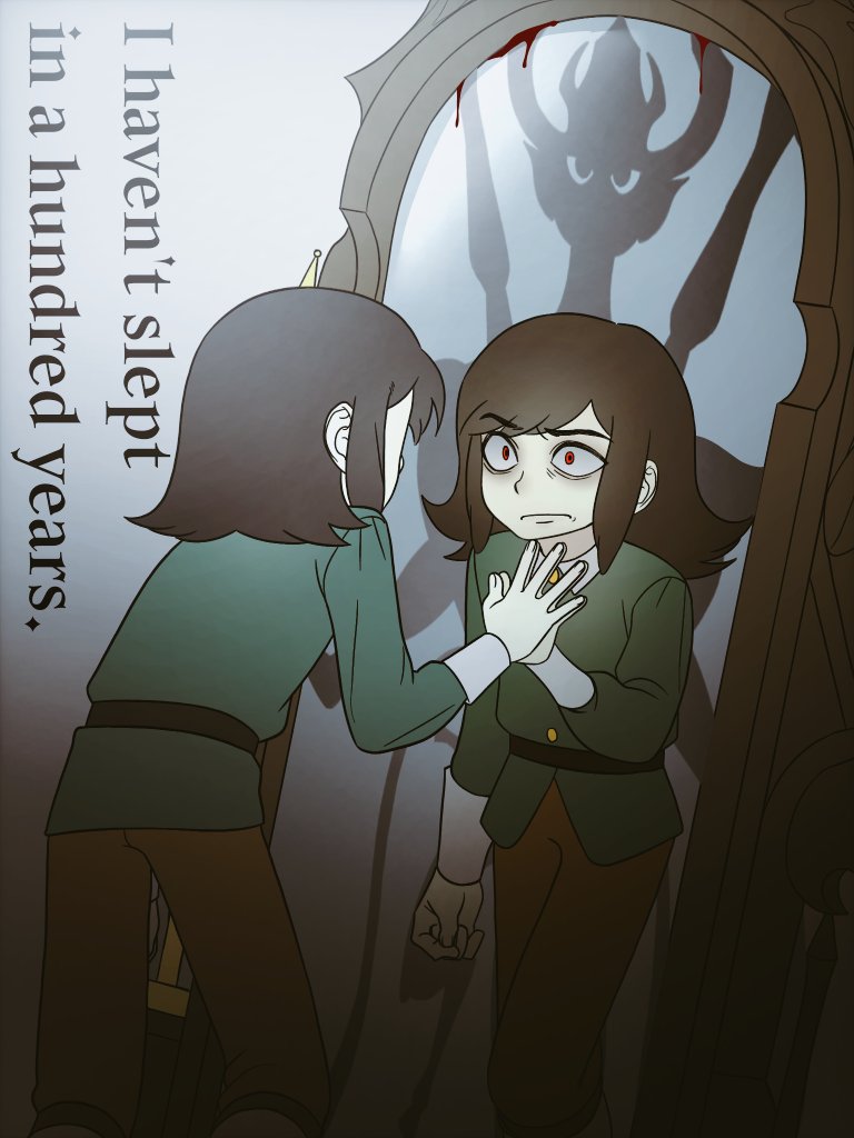 1boy, abaddon_(demon)_(haunted_hotel), abaddon_(haunted_hotel), abaddon_(human)_(haunted_hotel), brown_hair, child, demon, english_text