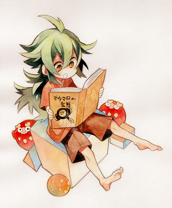 1boy, barefoot, book, darumaka, feet, green_hair, long_hair, male, n_(pokemon), pokemon, pokemon_(creature), pokemon_(game), pokemon_black_and_white, pokemon_bw, reading, shigetake_(buroira), tympole, young