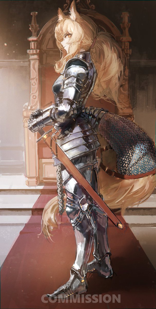 1girl, alternate_costume, animal_ear_fluff, animal_ears, arknights, armor, blemishine_(arknights), blonde_hair