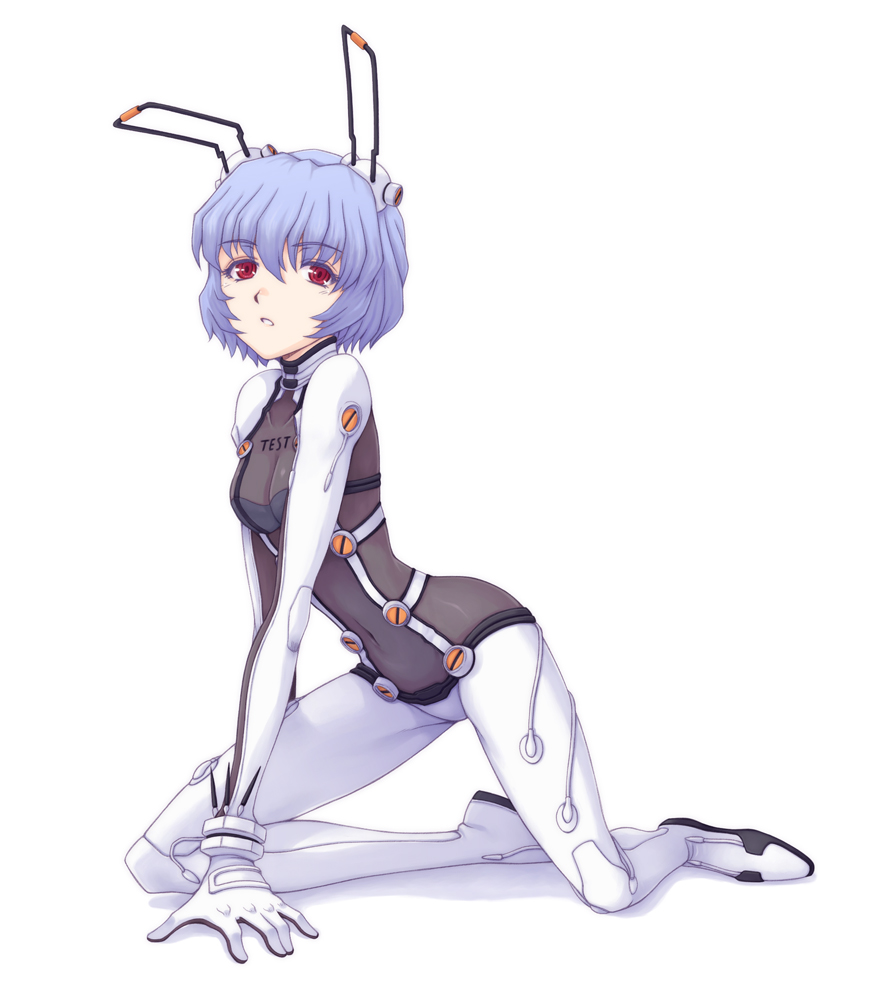 albino, animal_ears, ayanami_rei, blue_hair, bodysuit, bunny_ears, gloves, kneeling