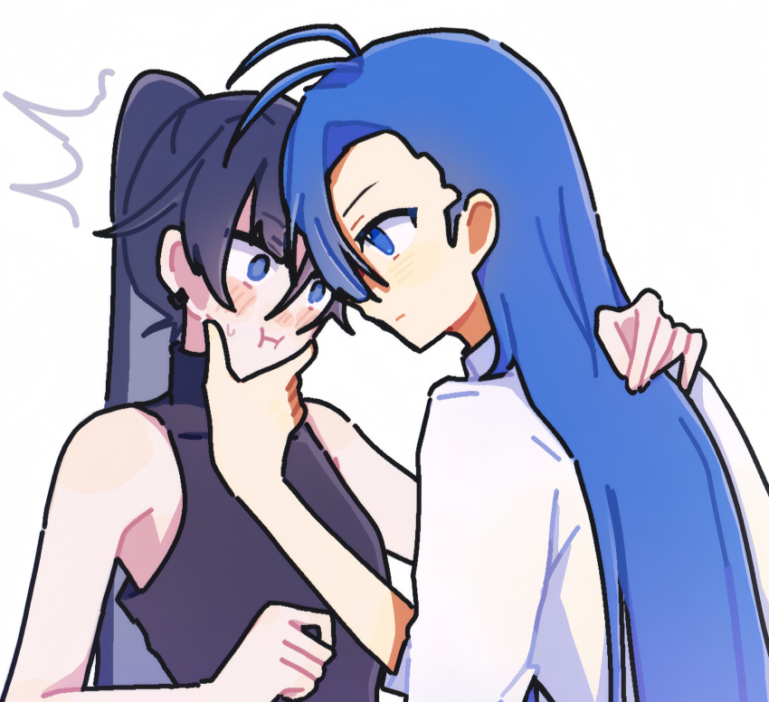 2girls, ado_(utaite), ahoge, black_shirt, blue_eyes, blue_hair, blush, cheek_squash, closed_mouth, commentary_request, earrings, hair_between_eyes, highres, jewelry, long_hair, merry_(ado), multiple_girls, naima_(ado), ponytail, pppp_0831, readymade_(ado), shirt, simple_background, sleeveless, sleeveless_shirt, upper_body, usseewa, white_background, white_shirt, yuri