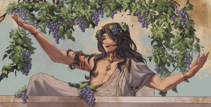 1boy, 210_(reverse:1999), :d, abs, ancient_greek_clothes, armlet, arms_up, blue_background