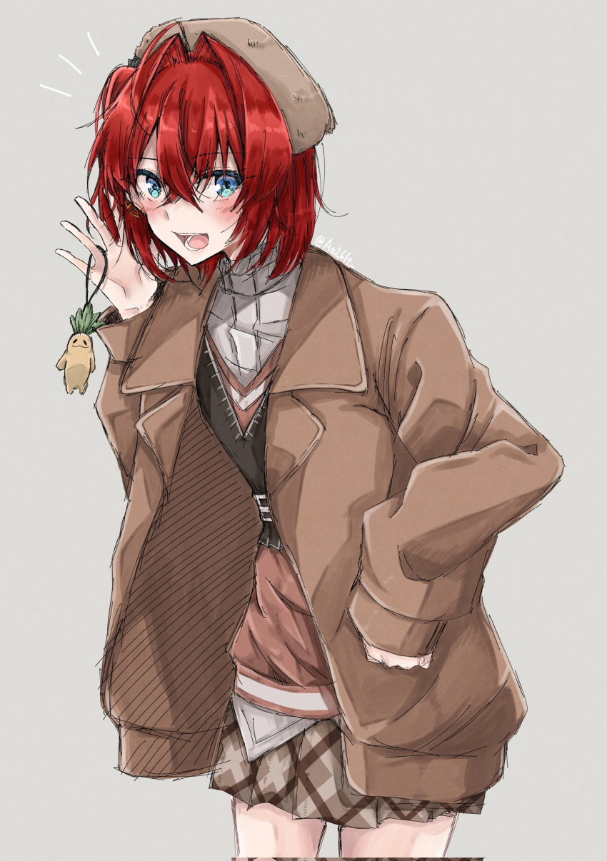 1girl, :d, ahoge, alternate_costume, ange_katrina, aono_reto, black_vest, blue_eyes