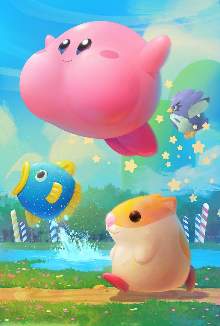 bird, blue_sky, clouds, coo_(kirby), day, fish, flying, grass, hamster, jake_kalbhenn, kine_(kirby), kirby, kirby's_dream_land_2, kirby_(series), outdoors, owl, path, puffy_cheeks, rick_(kirby), river, shadow, sky, star_(symbol), third-party_source, tree, walking