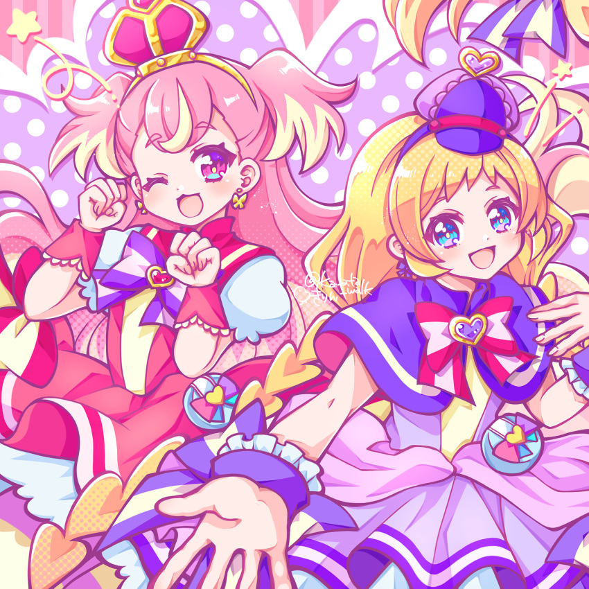 2girls, :d, ;d, arched_crown, artist_name, ben-day_dots, blonde_hair, blue_eyes, blush, bow, bow_earrings, braid, bright_pupils, brooch, capelet, chest_bow, clenched_hands, colorful_background, commentary, crown, cure_friendy, cure_wonderful, deerstalker, dot_nose, dress, dress_bow, earrings, fingernails, frilled_wrist_cuffs, frills, gold_hairband, hair_bow, hairband, hand_on_own_chest, hands_up, hat, hat_ornament, heart, heart_brooch, heart_hat_ornament, highres, inukai_iroha, inukai_komugi, jewelry, kirin_(kanata_walk), long_hair, looking_at_viewer, low-tied_long_hair, low_twin_braids, magical_girl, multicolored_bow, multicolored_hair, multicolored_pantyhose, multiple_girls, notice_lines, one_eye_closed, open_hand, outstretched_hand, pact_holder, pantyhose, patterned_background, paw_pose, petticoat, pink_background, pink_bow, pink_capelet, pink_crown, pink_dress, pink_hair, pink_pantyhose, pink_wrist_cuffs, polka_dot, polka_dot_background, pouch, precure, puffy_short_sleeves, puffy_sleeves, purple_background, purple_bow, purple_capelet, purple_dress, purple_hairband, purple_hat, purple_wrist_cuffs, screentones, short_dress, short_sleeves, sleeveless, sleeveless_dress, smile, spread_fingers, star_(symbol), streaked_hair, striped_background, striped_bow, striped_clothes, striped_pantyhose, tilted_headwear, twin_braids, twitter_username, two-tone_hair, two_side_up, upper_body, vertical-striped_background, very_long_hair, violet_eyes, wonderful_pact, wonderful_precure!, wrist_cuffs, yellow_pantyhose, yellow_pupils