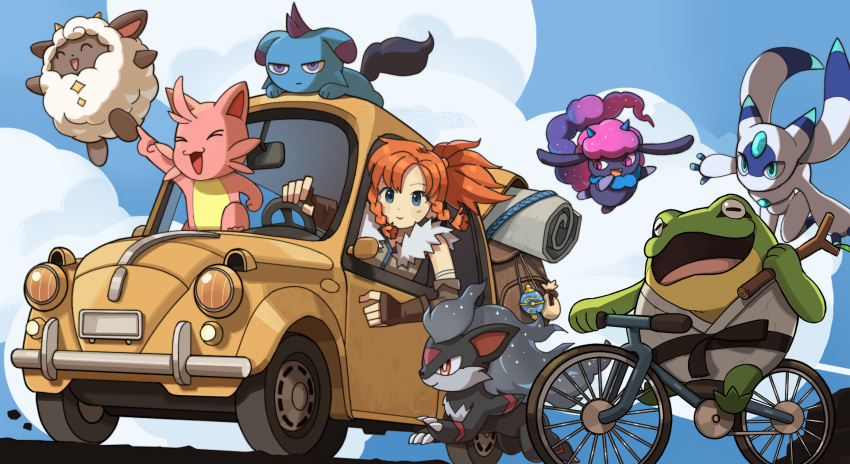 arm_tattoo, bag, bicycle, blue_eyes, braid, car, cattiva, clouds