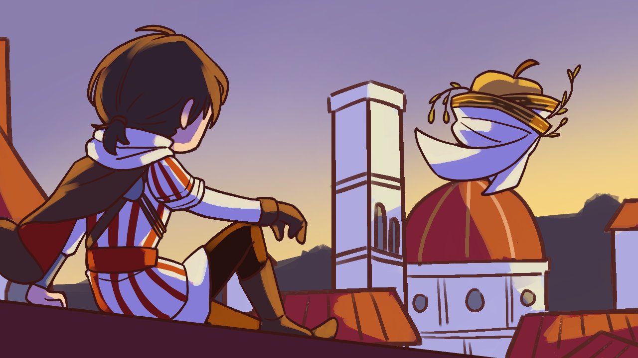 1boy, apple, apple_(reverse:1999), apple_(the_fruit_of_wisdom)_(reverse:1999), arm_on_knee, assassin's_creed_(series), assassin's_creed_ii, black_pants