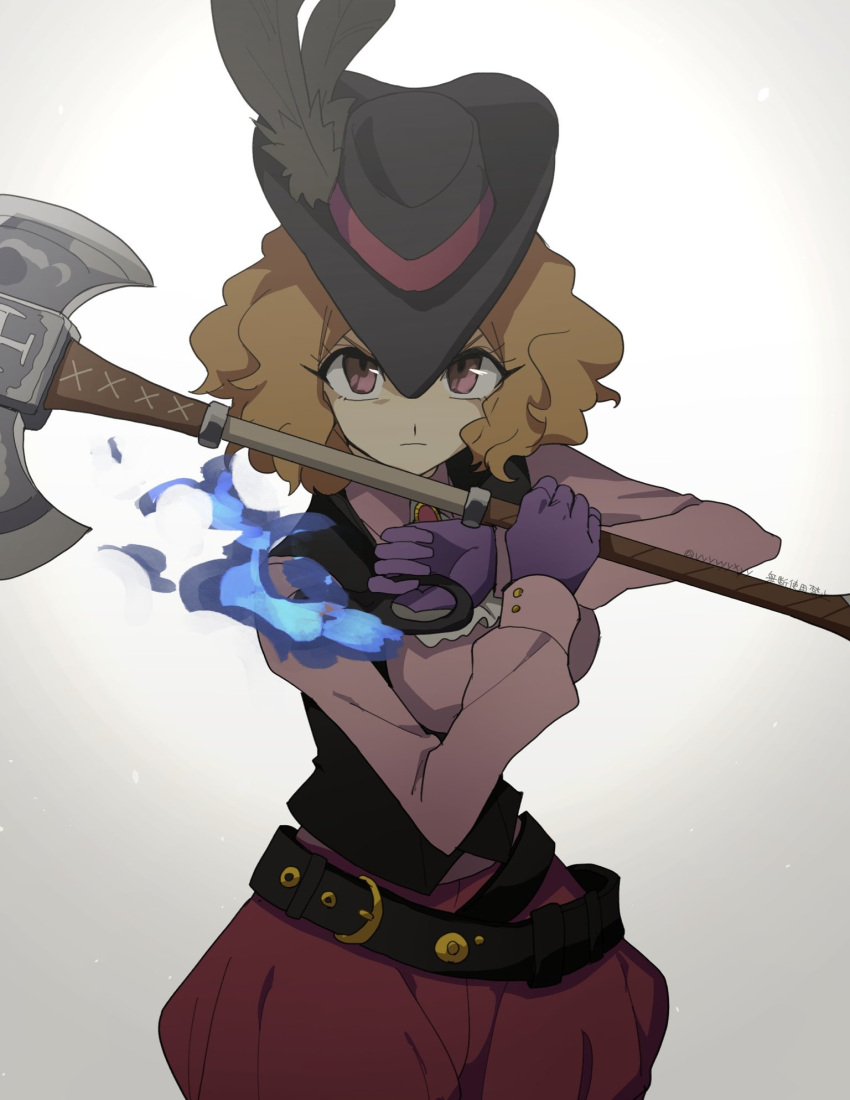 1girl, ascot, axe, belt, belt_buckle, black_hat, black_vest, blue_fire